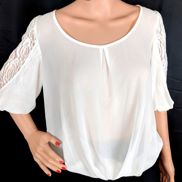 Sexy ~ By & By Off White Sheer Top - Lace Sleves - Picture 4 of 8